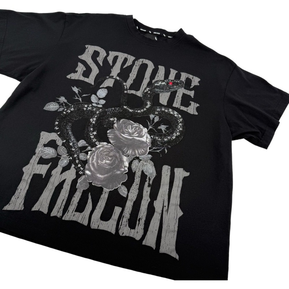 STONE FALCON XL T-Shirt Black Snake Rose Rhinestone Graphic Streetwear Tee - Picture 11 of 11